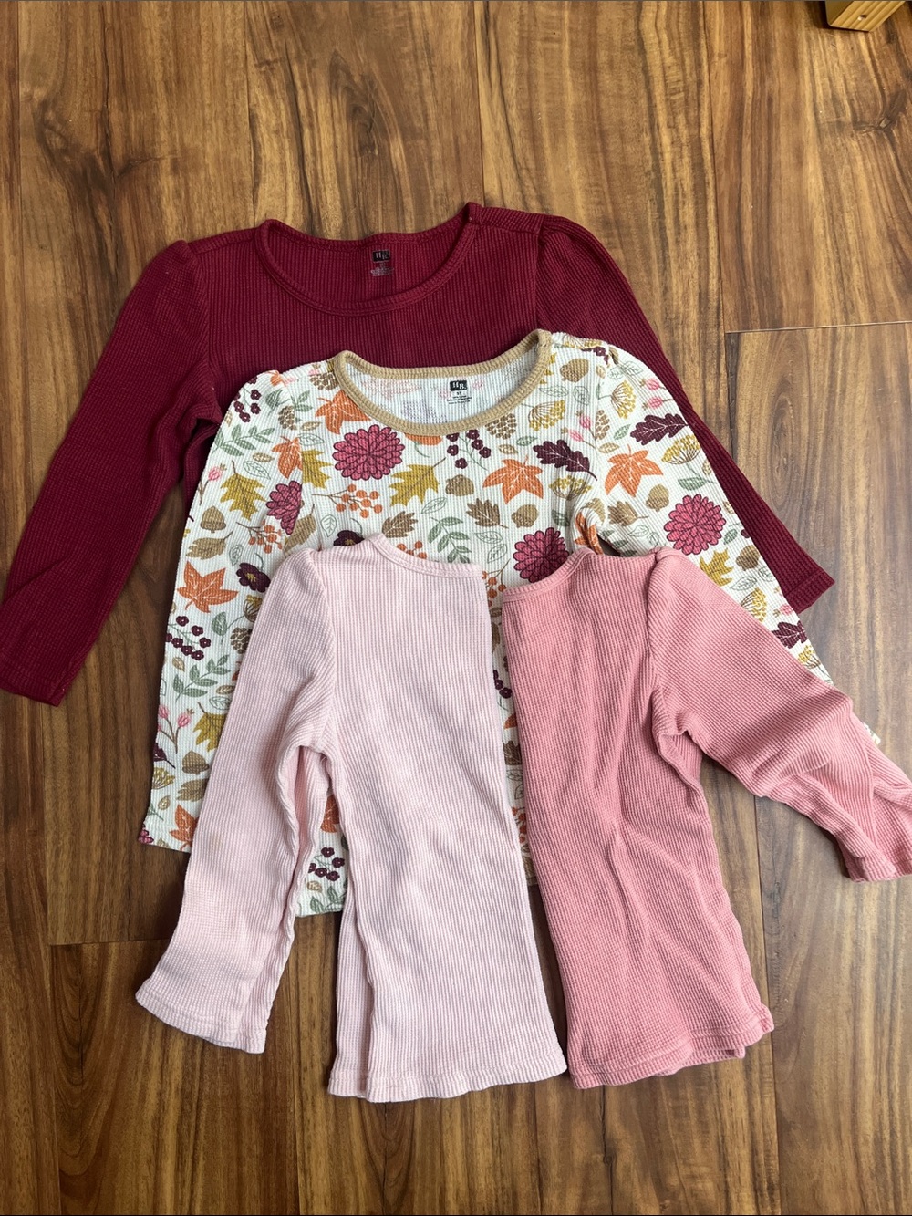 Girls Long-Sleeve Waffle Weave Tops - Pink, Cream, Floral & Burgundy Set Bundle
